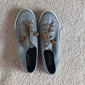 Gray and navy blue Sperrys
